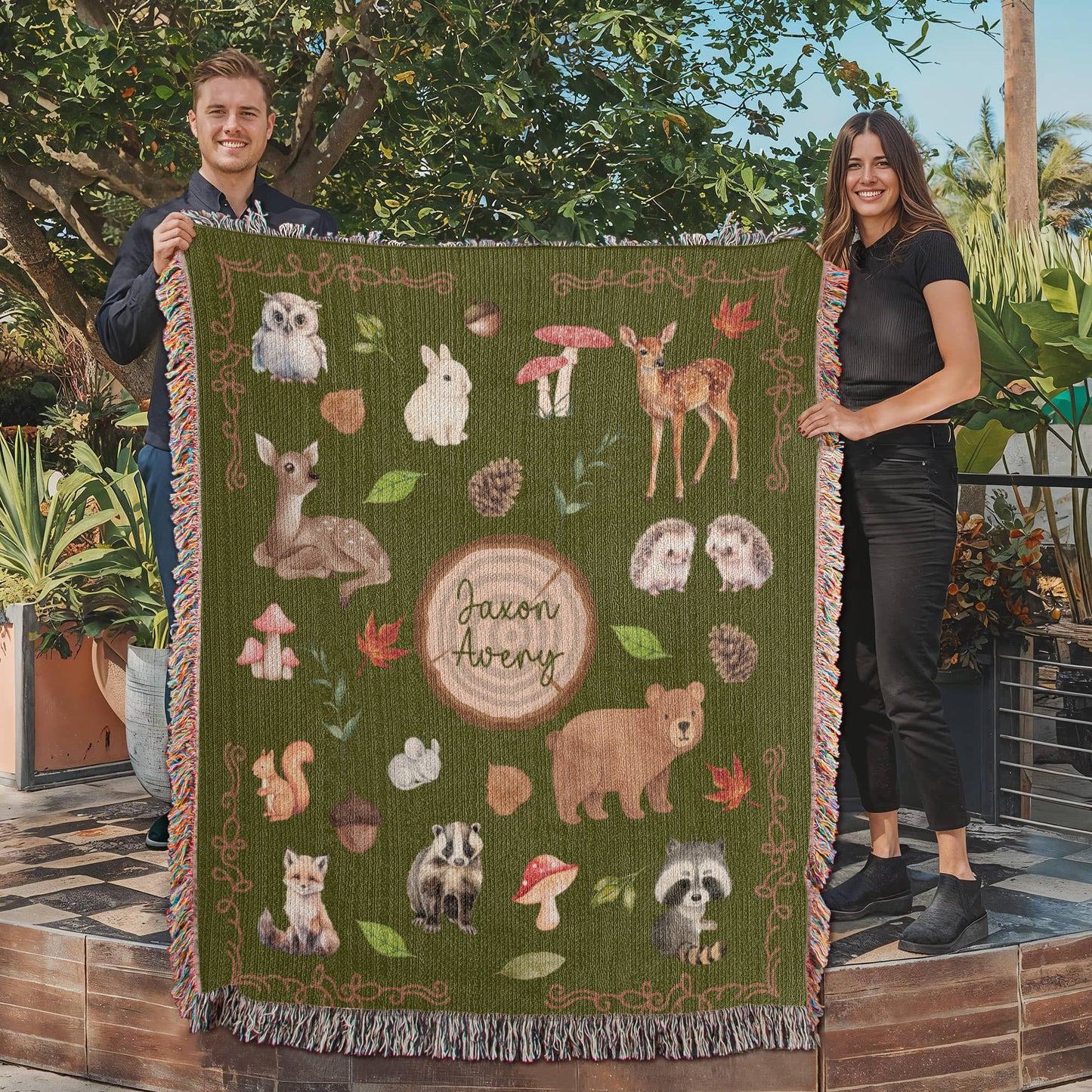 Heirloom Woodland Animals Woven Blanket - Personalized Nursery Decor & Baby Gift- Olive Green