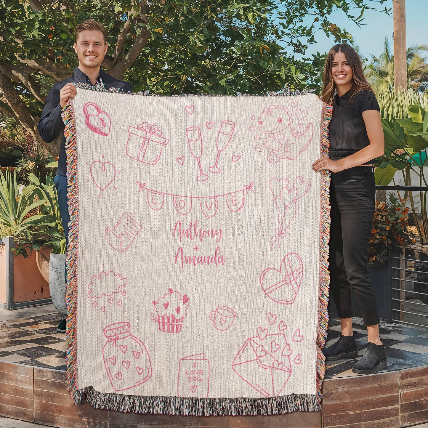 Valentine's Doodle Woven Blanket – Personalized Couple Gift