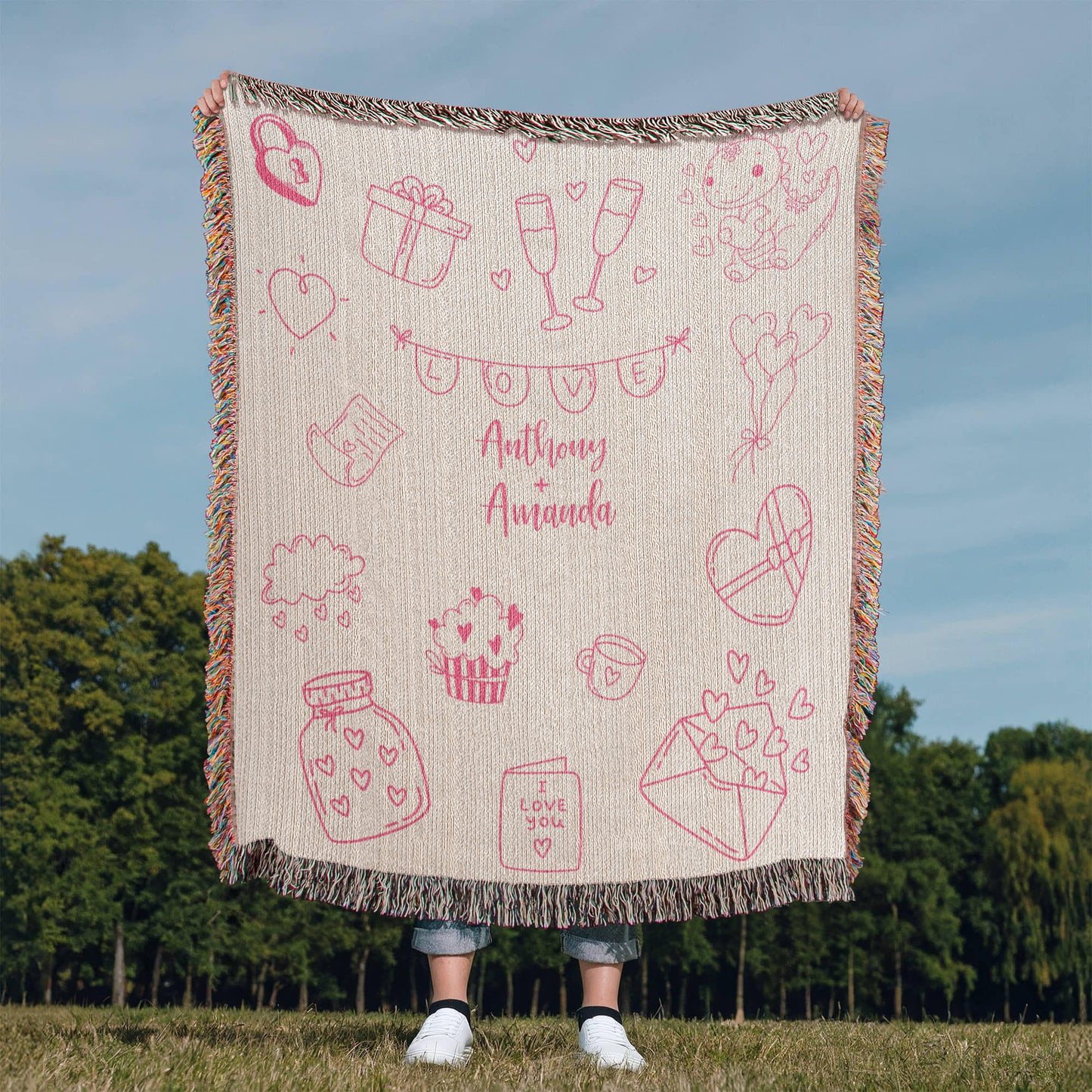 Valentine's Doodle Woven Blanket – Personalized Couple Gift