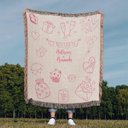 Valentine's Doodle Woven Blanket – Personalized Couple Gift