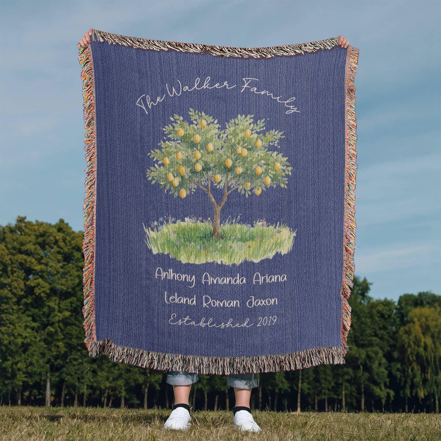 Personalized Farmhouse Lemon Tree Family Heirloom Woven Throw Blanket – Custom Names & Established Date