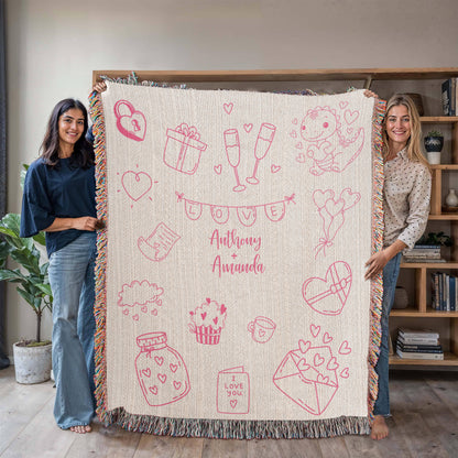 Valentine's Doodle Woven Blanket – Personalized Couple Gift