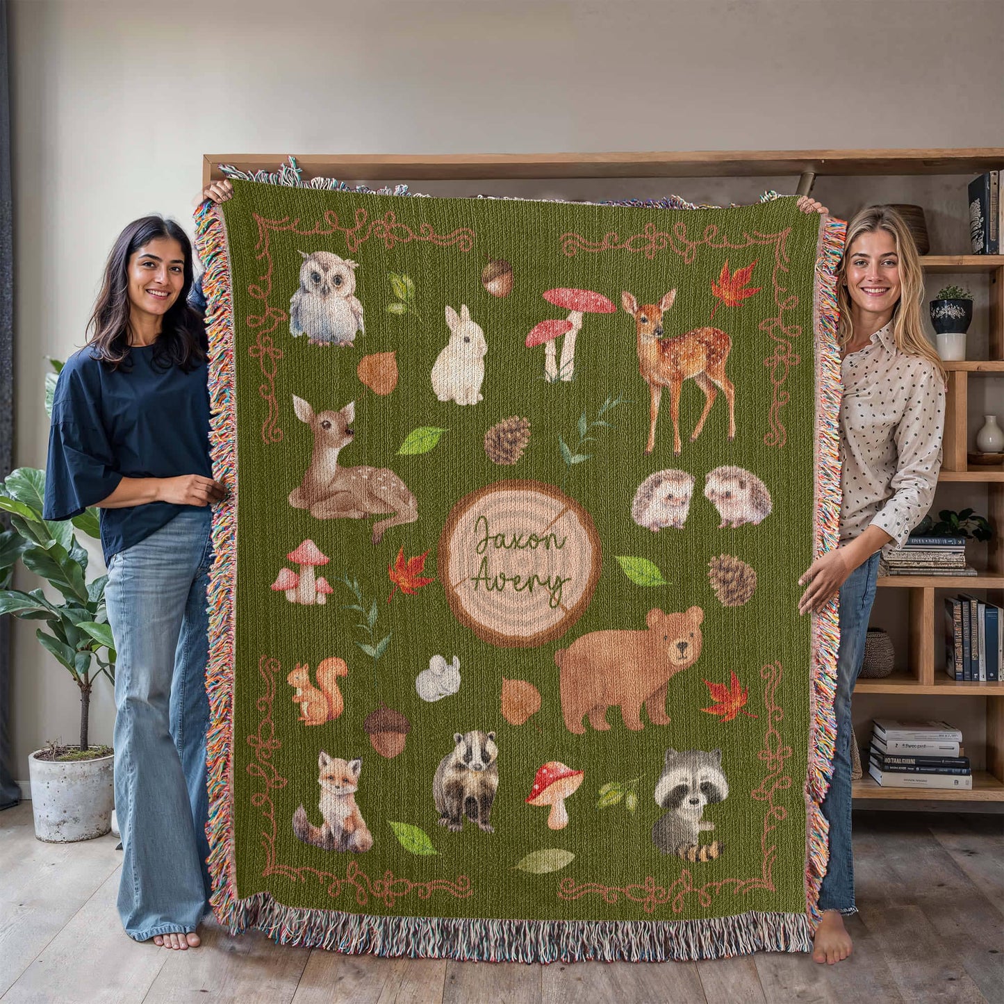 Heirloom Woodland Animals Woven Blanket - Personalized Nursery Decor & Baby Gift- Olive Green