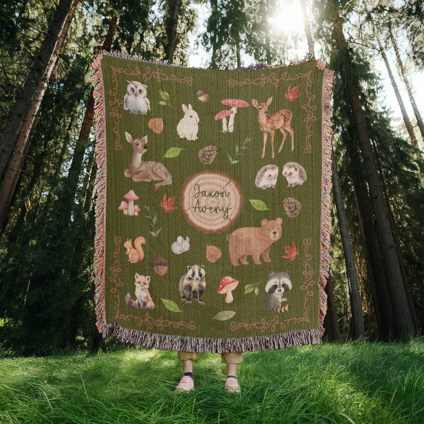 Heirloom Woodland Animals Woven Blanket - Personalized Nursery Decor & Baby Gift- Olive Green