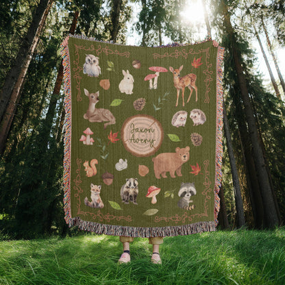 Heirloom Woodland Animals Woven Blanket - Personalized Nursery Decor & Baby Gift- Olive Green
