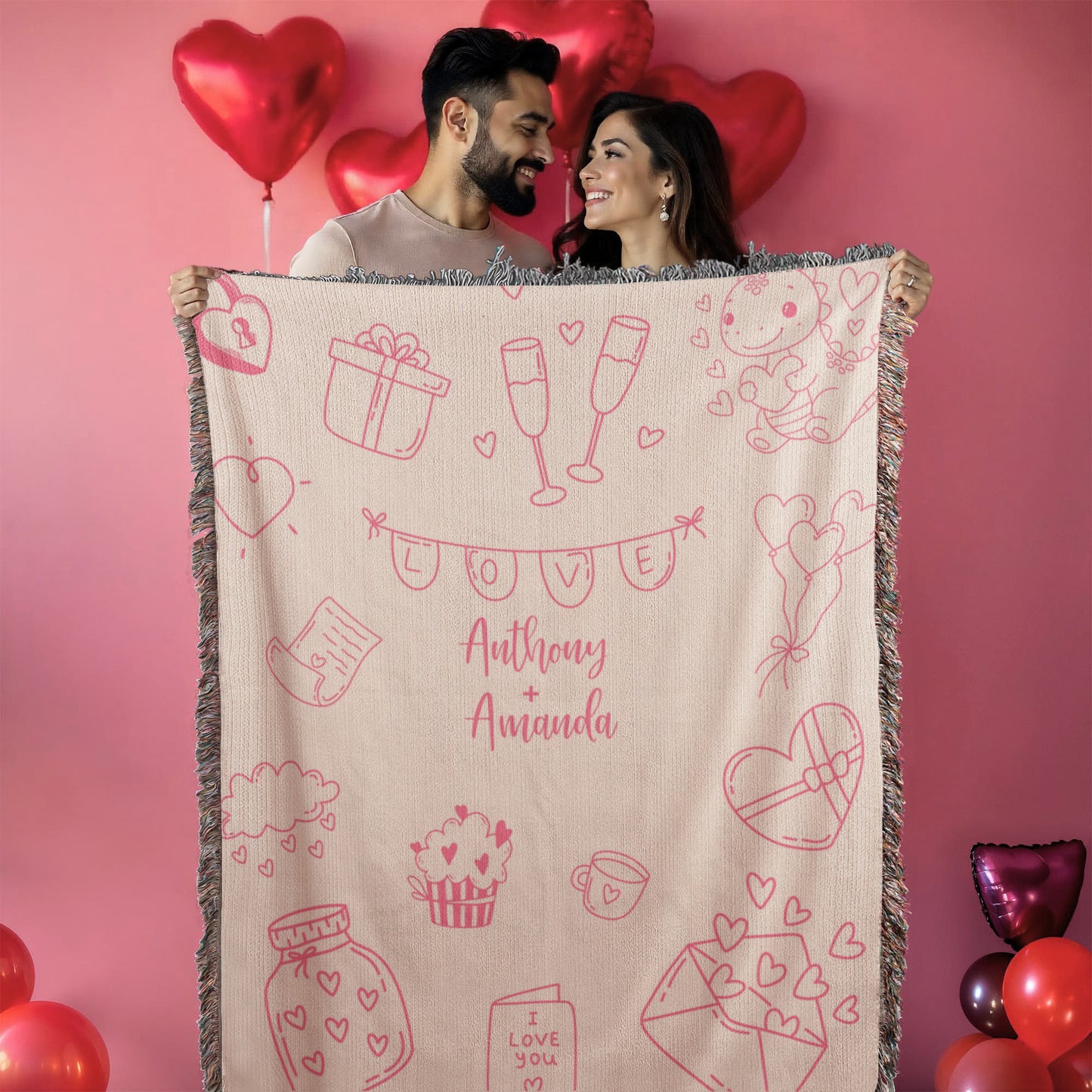 Valentine's Doodle Woven Blanket – Personalized Couple Gift