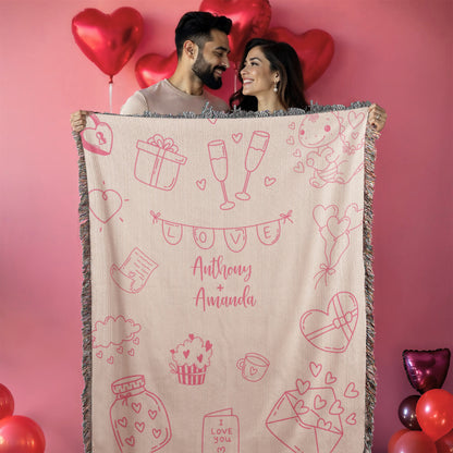 Valentine's Doodle Woven Blanket – Personalized Couple Gift
