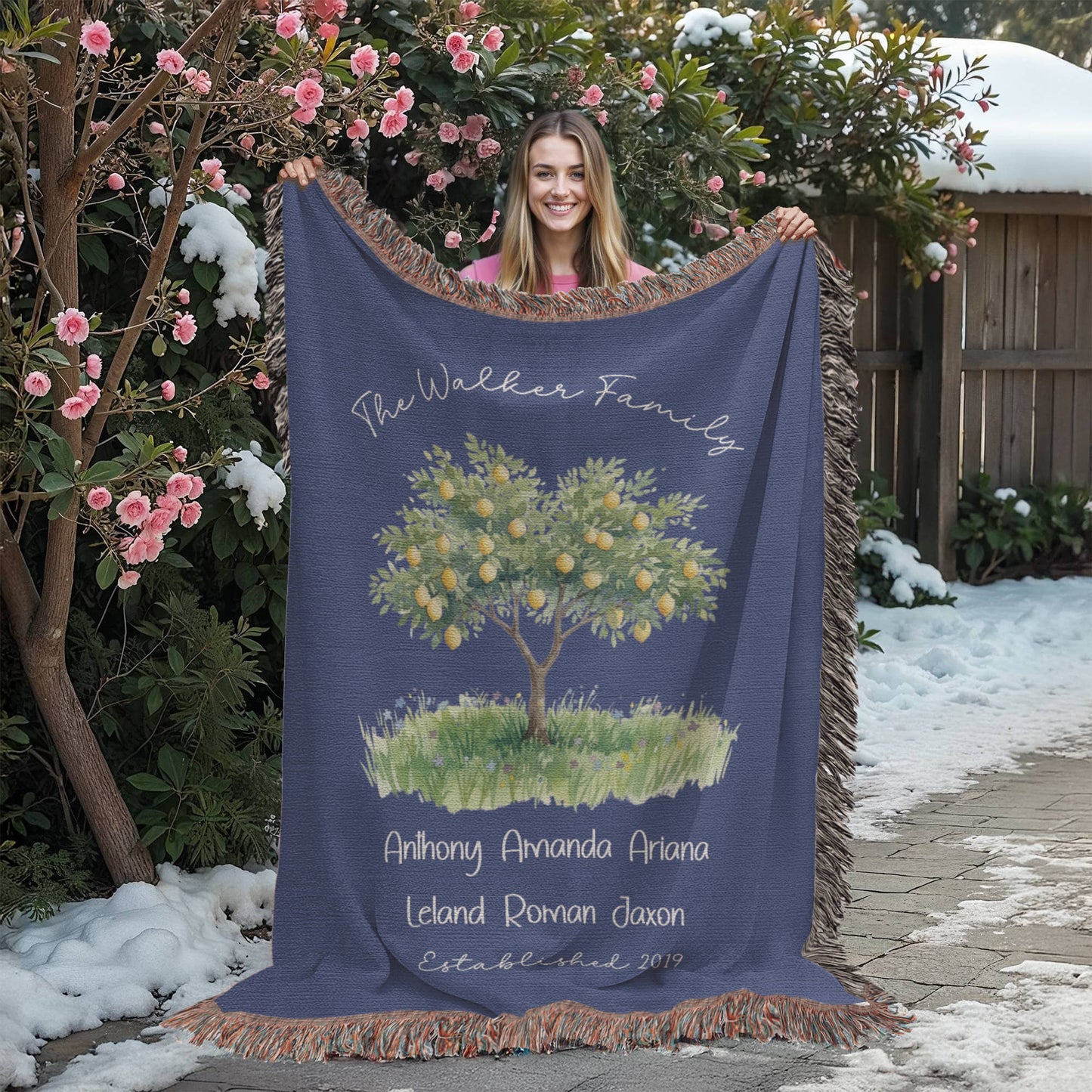 Personalized Farmhouse Lemon Tree Family Heirloom Woven Throw Blanket – Custom Names & Established Date