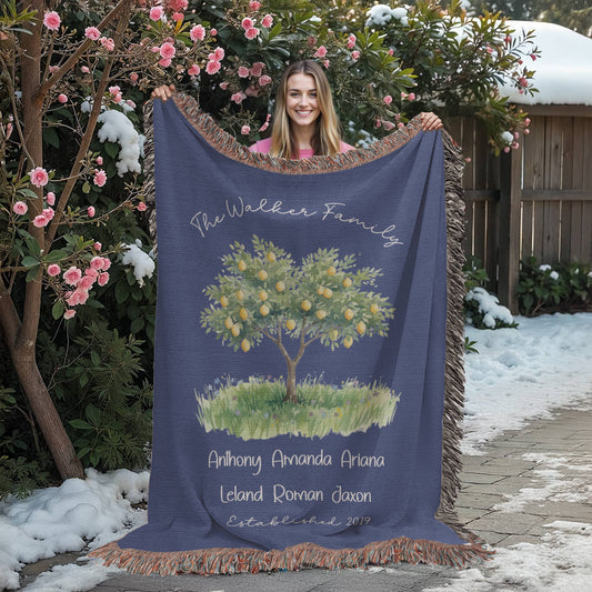 Personalized Farmhouse Lemon Tree Family Heirloom Woven Throw Blanket – Custom Names & Established Date