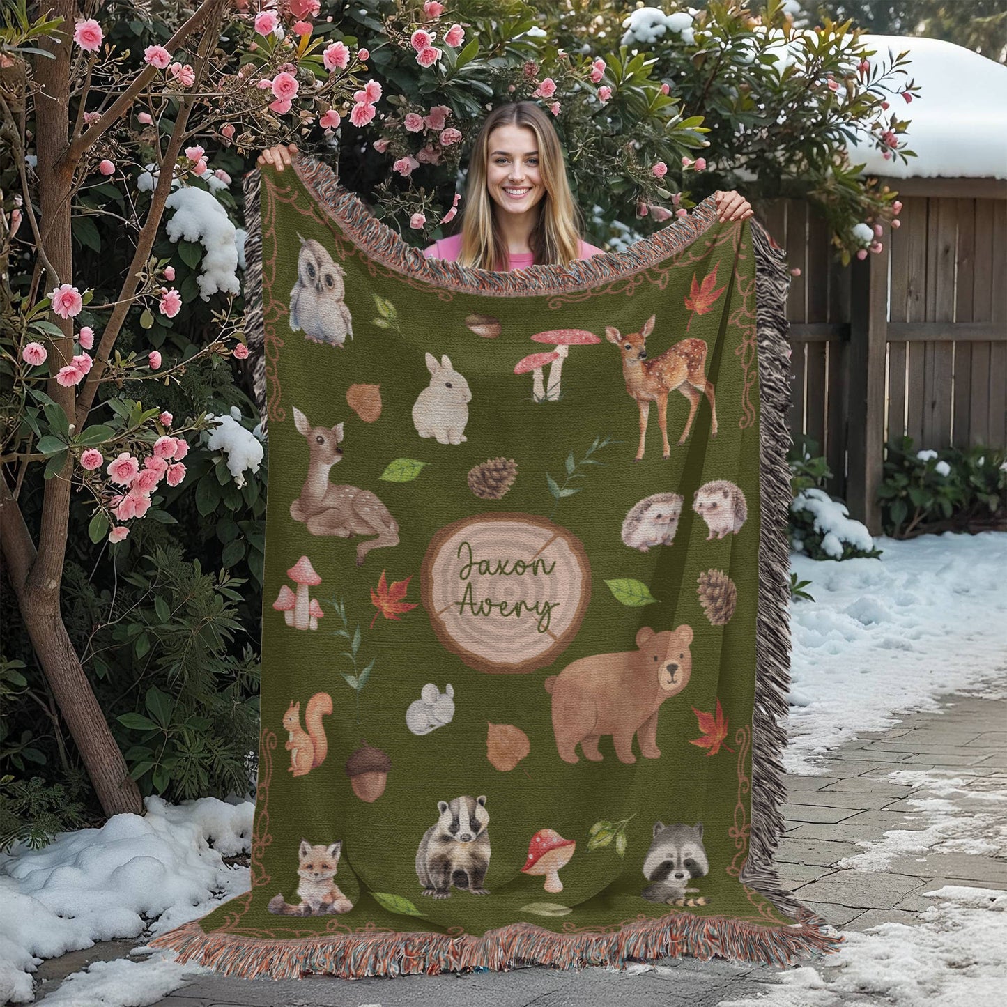 Heirloom Woodland Animals Woven Blanket - Personalized Nursery Decor & Baby Gift- Olive Green