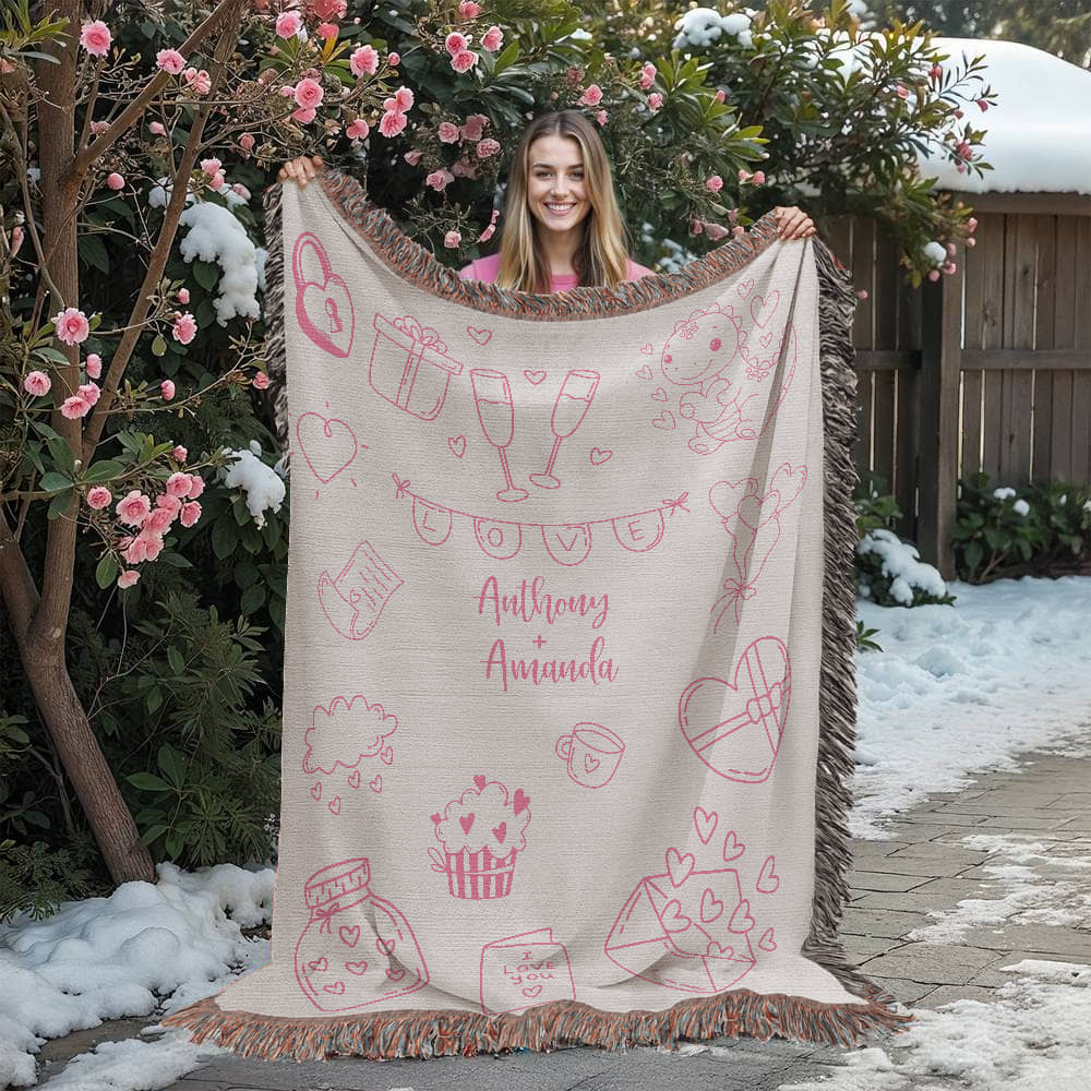 Valentine's Doodle Woven Blanket – Personalized Couple Gift