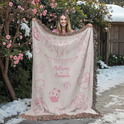 Valentine's Doodle Woven Blanket – Personalized Couple Gift