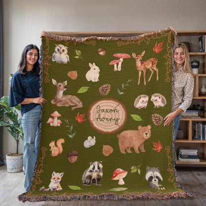 Heirloom Woodland Animals Woven Blanket - Personalized Nursery Decor & Baby Gift- Olive Green