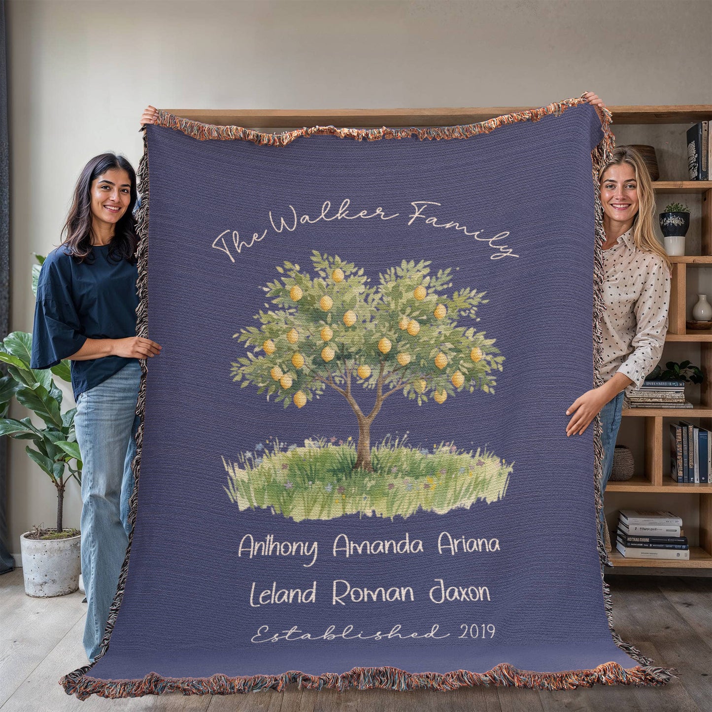 Personalized Farmhouse Lemon Tree Family Heirloom Woven Throw Blanket – Custom Names & Established Date