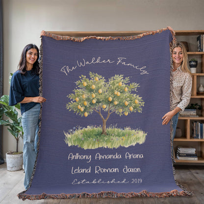 Personalized Farmhouse Lemon Tree Family Heirloom Woven Throw Blanket – Custom Names & Established Date