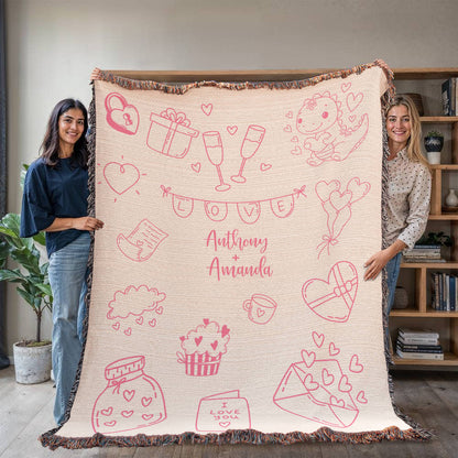 Valentine's Doodle Woven Blanket – Personalized Couple Gift