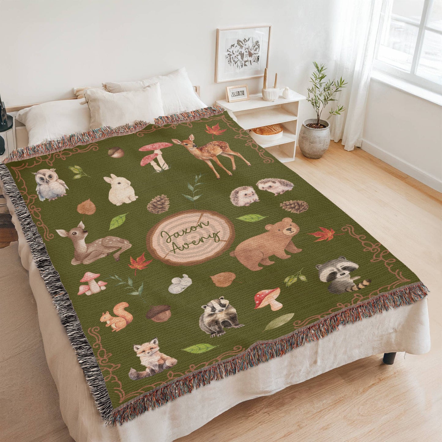 Heirloom Woodland Animals Woven Blanket - Personalized Nursery Decor & Baby Gift- Olive Green