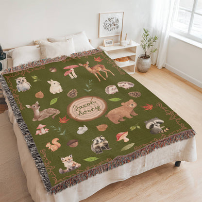 Heirloom Woodland Animals Woven Blanket - Personalized Nursery Decor & Baby Gift- Olive Green