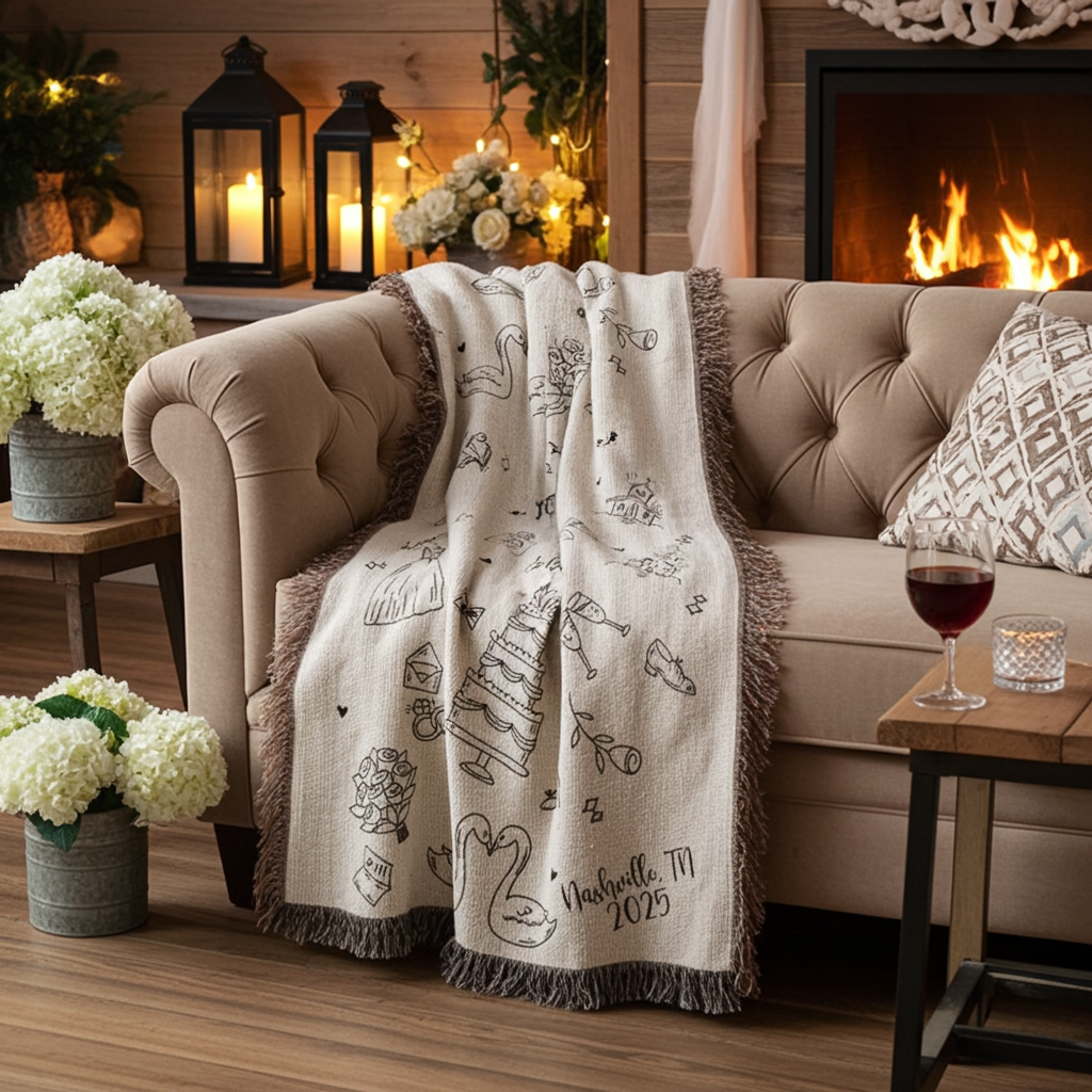 Custom Hand Drawn Wedding Blanket Gift